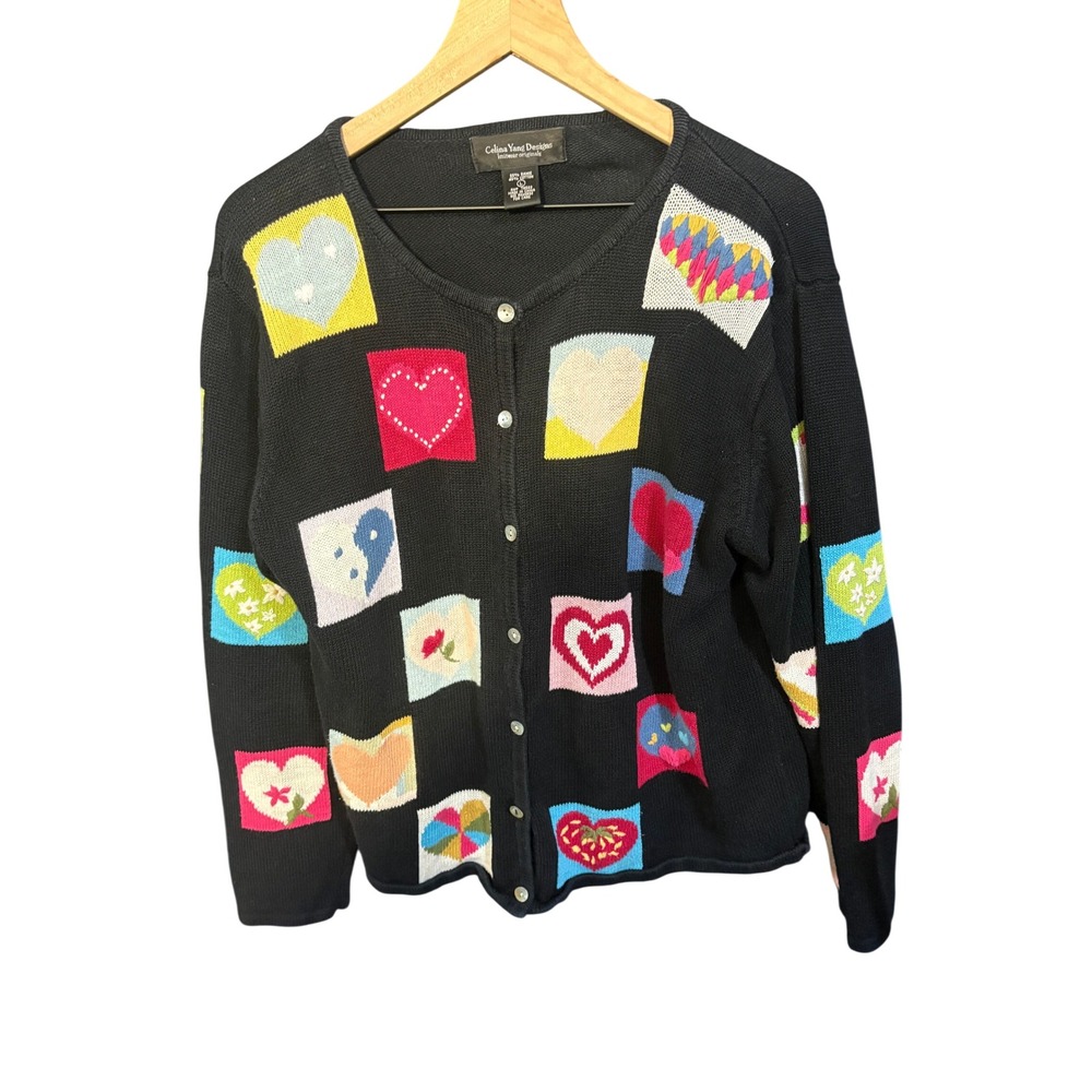 Celina Yang Designs Womens Heart Patchwork Knit Cardigan Sweater Black Large